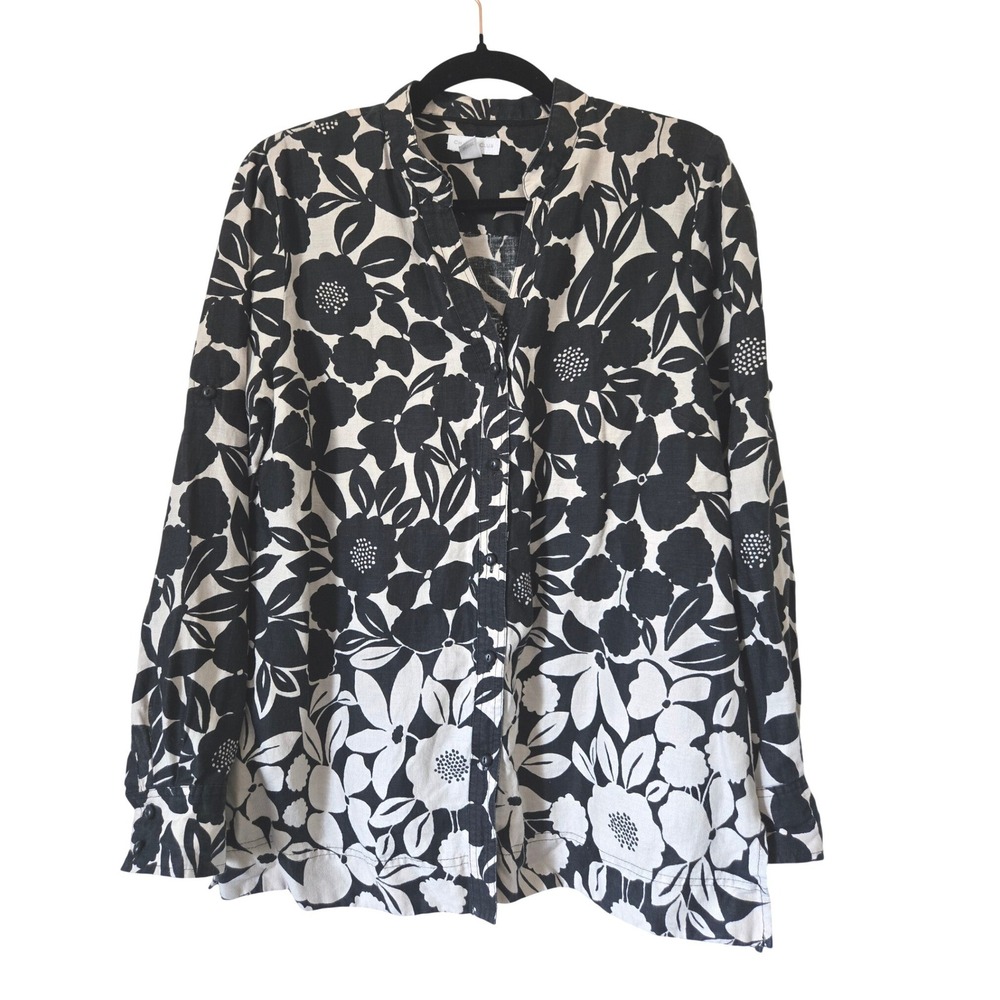Charter Club Womens 12 Black White Floral 100% Linen Roll Tab Button Down Shirt